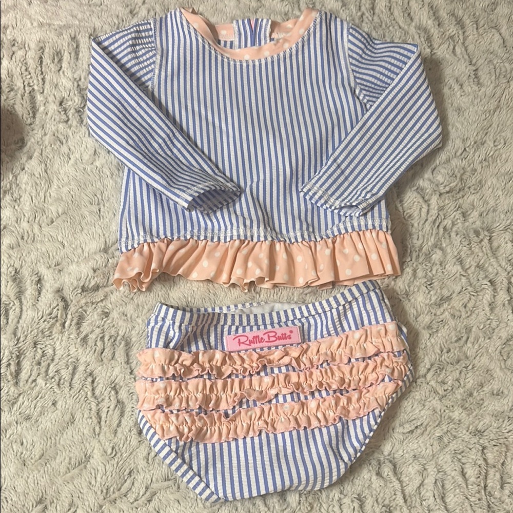 Ruffle Butts periwinkle blue pink and White Striped rashguard with bikini